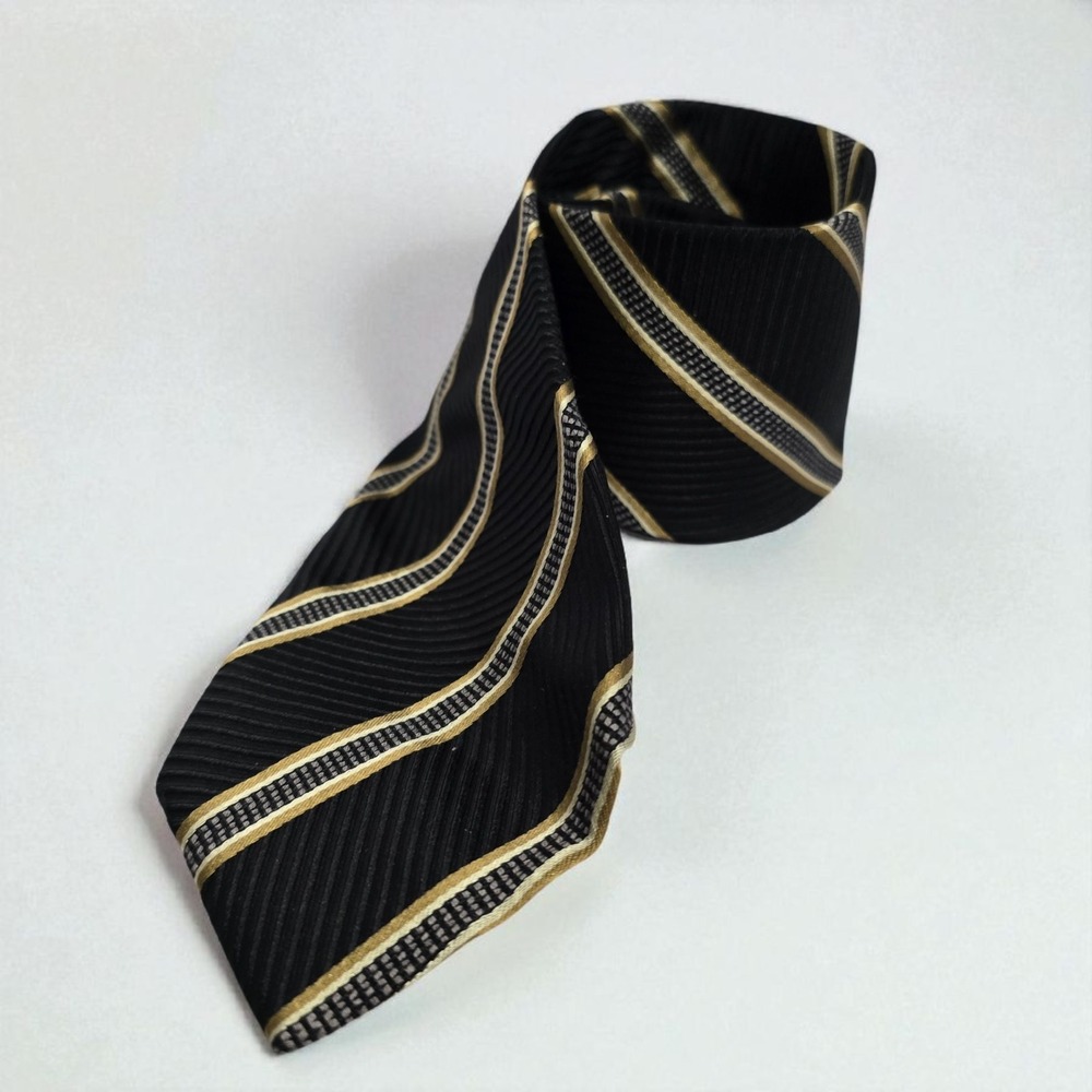 BOSS Hugo Boss Black Gold Striped Silk Cotton Blend Tie‎ Necktie Italy